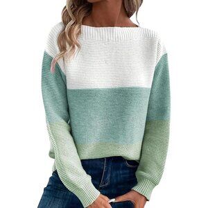 Women's Green Long Sleeve Crew Neck Color Block Fall Fashion Pullover Sweaters
